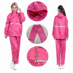 ชุดกันฝนสำหรับขับผู้ขี่มอเตอร์ไซค์ สำหรับผู้หญิง สีชมพู คาดเทา มีแถบสะท้อนแสงป้องกันอันตราย